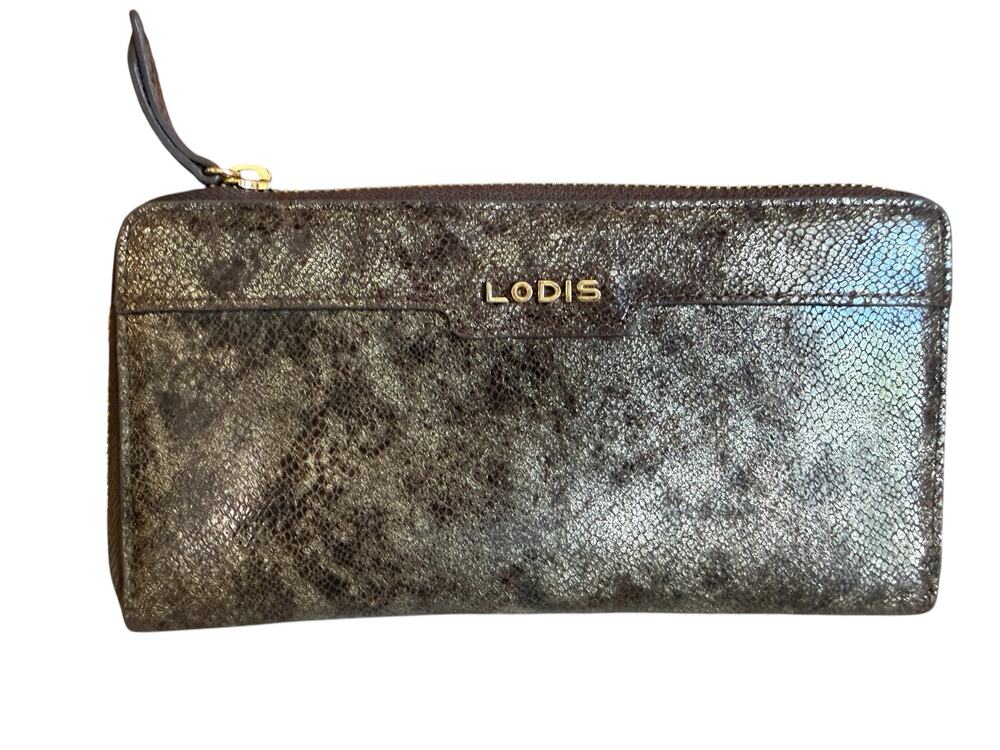 Lodis Snake Print Zip Around Wallet Metallic Brown